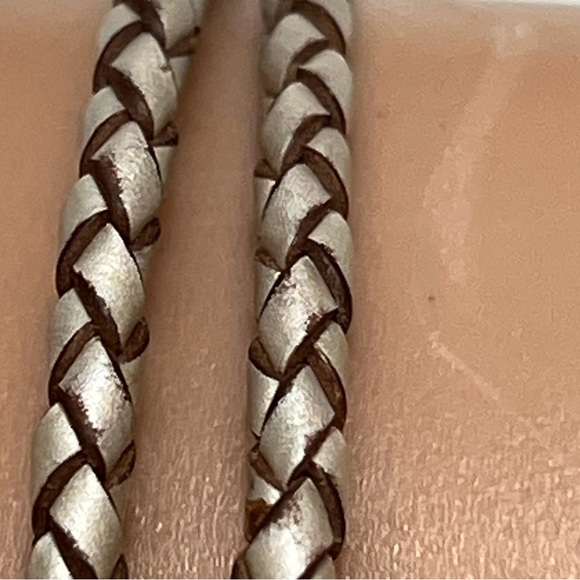 Pandora Brown & White Braided Leather Sterling Silver Clasp Double Wrap Bracelet - Picture 5 of 10